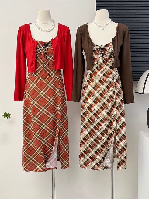 Vintage Spaghetti Strap Side Slit Dress with Cardigan